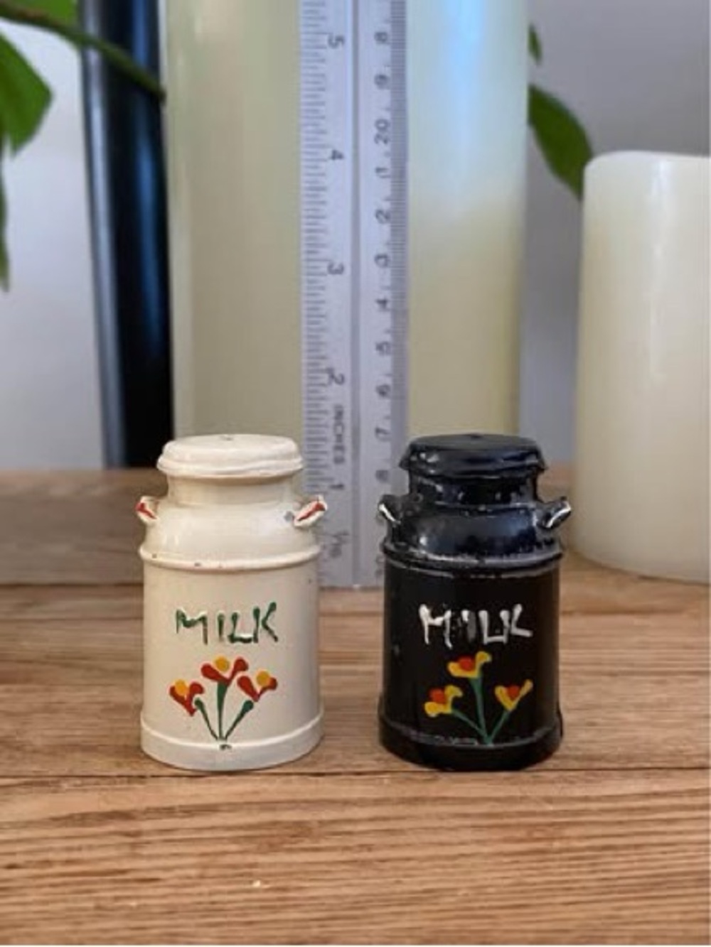 Vintage Hand Painted Metal Milk Can Milk Jug Salt & Pepper Shakers Set